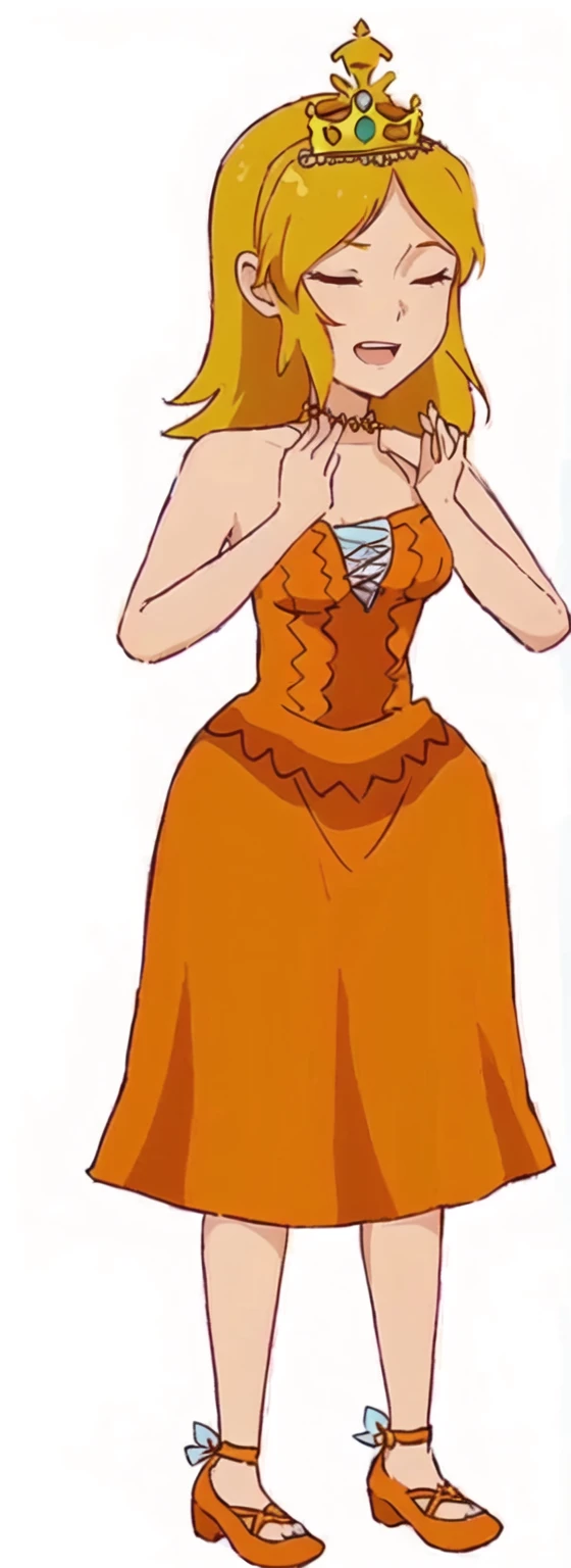 a cartoon of a woman in a dress and a crown, of dress, she has long orange brown hair, wearing orange dress, in a dress, One-piece nami, Pocahontas, glamor anime witch casting magic, wearing a dress, Wearing a flowing dress, absurdist wiggly blob in a dress, cell shadow adult animation