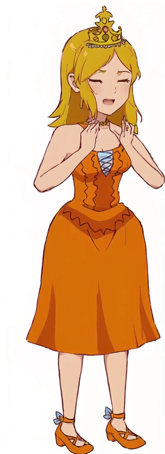 a cartoon of a woman in a dress and a crown, of dress, she has long orange brown hair, wearing orange dress, in a dress, One-piece nami, Pocahontas, glamor anime witch casting magic, wearing a dress, Wearing a flowing dress, absurdist wiggly blob in a dress, cell shadow adult animation