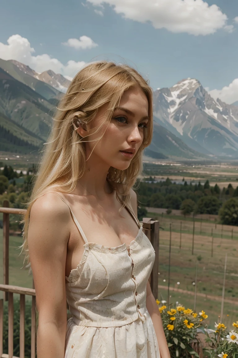 Blonde woman with hair blowing, mountains in background, milkmaid sundress