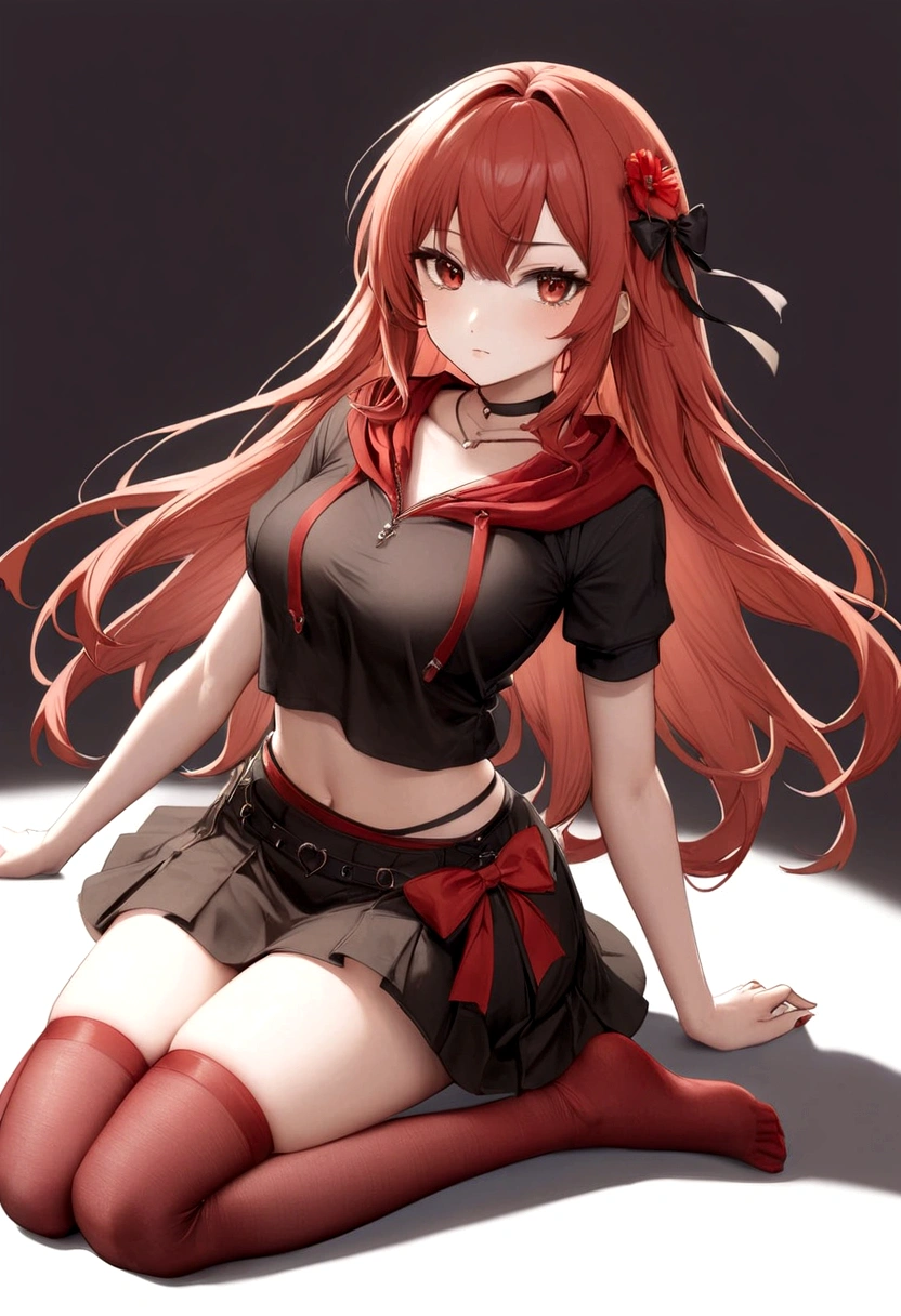 a girl with a black skirt and a small red skirt on top red stockings . red zip up hoodie, black shirt underneath with short sleeves and ,red hair, long hair and a flower with a ribbon on the bottom on the side on the hair and red eyes has a black Choker , and a small heart red necklace , has a ribbon bow waistband , full body