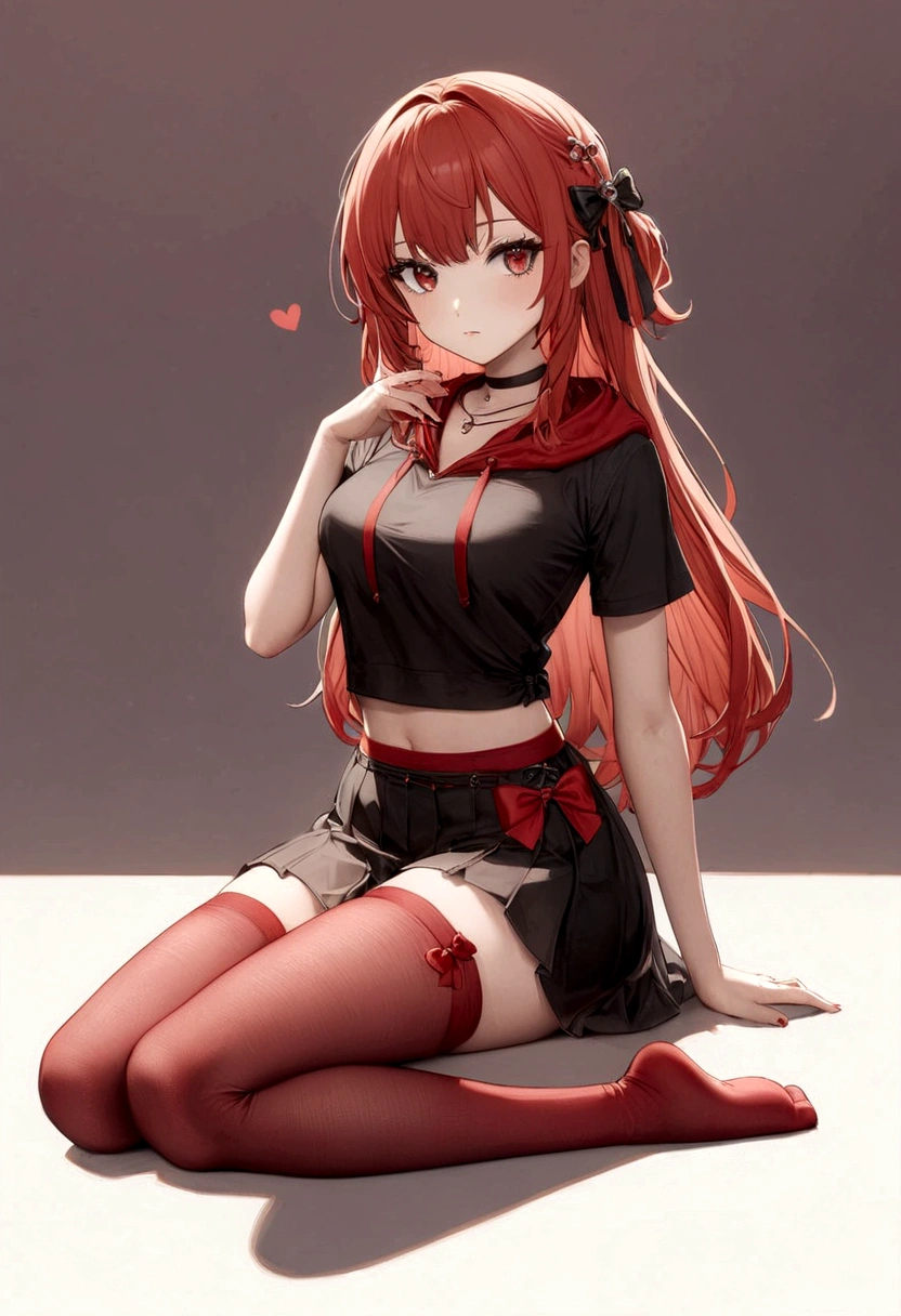 a girl with a black skirt and a small red skirt on top red stockings . red zip up hoodie, black shirt underneath with short sleeves and ,red hair, long hair and a flower with a ribbon on the bottom on the side on the hair and red eyes has a black Choker , and a small heart red necklace , has a ribbon bow waistband , full body