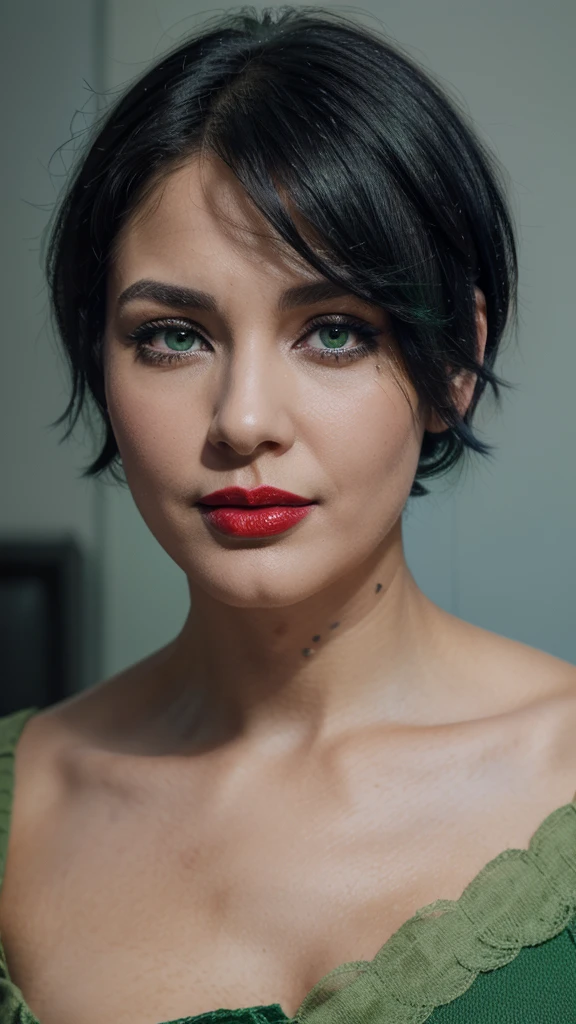 8k, photo-realistic portrait of beautiful 29 year old woman, ((black hair, short hair, one eye blue, one green, red lipstick))