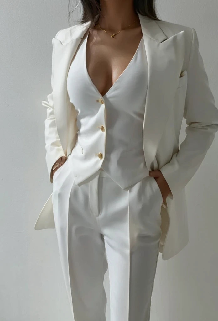South Asian girl wearing a withe suit. She has black hair and she wears a gold necklace with a golden cross pendant
