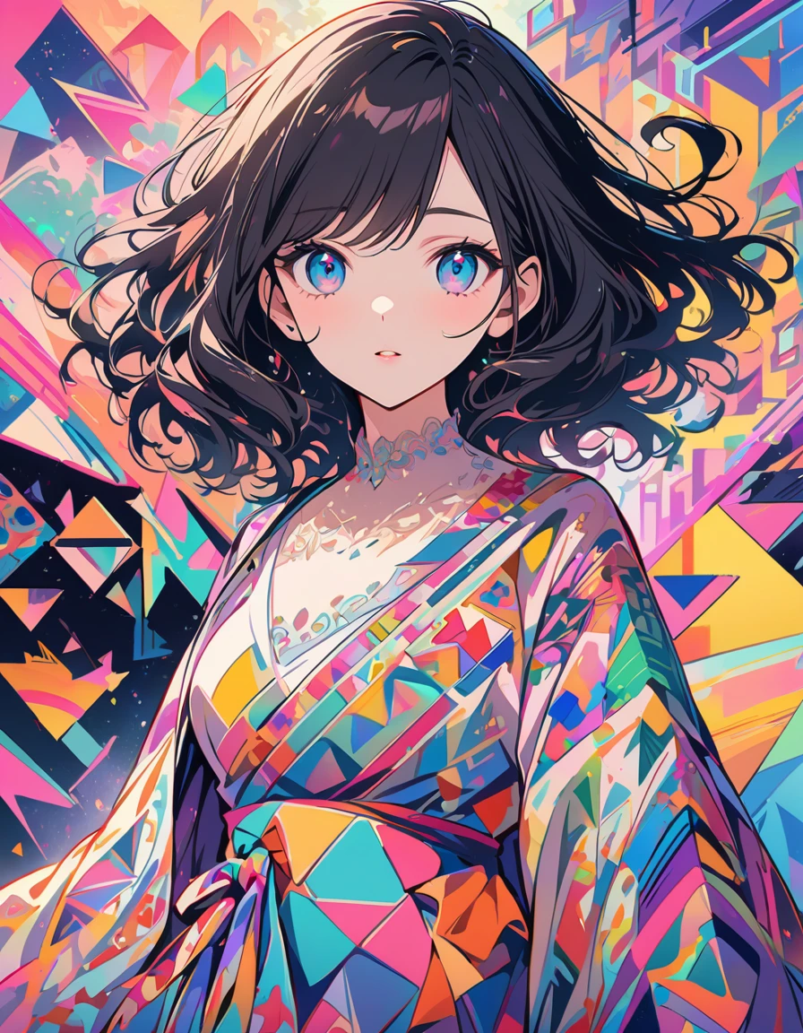 An intricate anime-style illustration of a girl with dark hair and large, expressive eyes. She is wearing a highly detailed, colorful dress with geometric and floral patterns. The background features abstract, pastel-colored shapes and lines, creating a modern and artistic atmosphere. --ar 3:4 --style raw --stylize 600 --niji 6