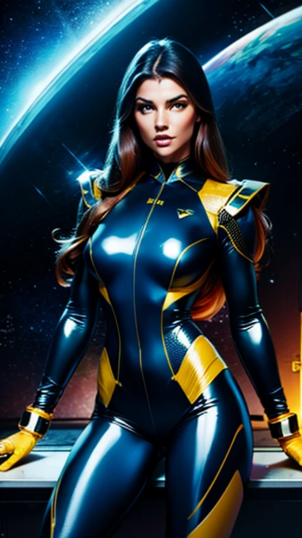 Best quality,illustration made with nankin pen, engraved style, space beautiful vintage woman, LONG hair, looking to observer, tight latex suit BLUE, RED AND YELLOW under hi-tech armor, hi-tech gloves, spaceship scenario,difuse lights