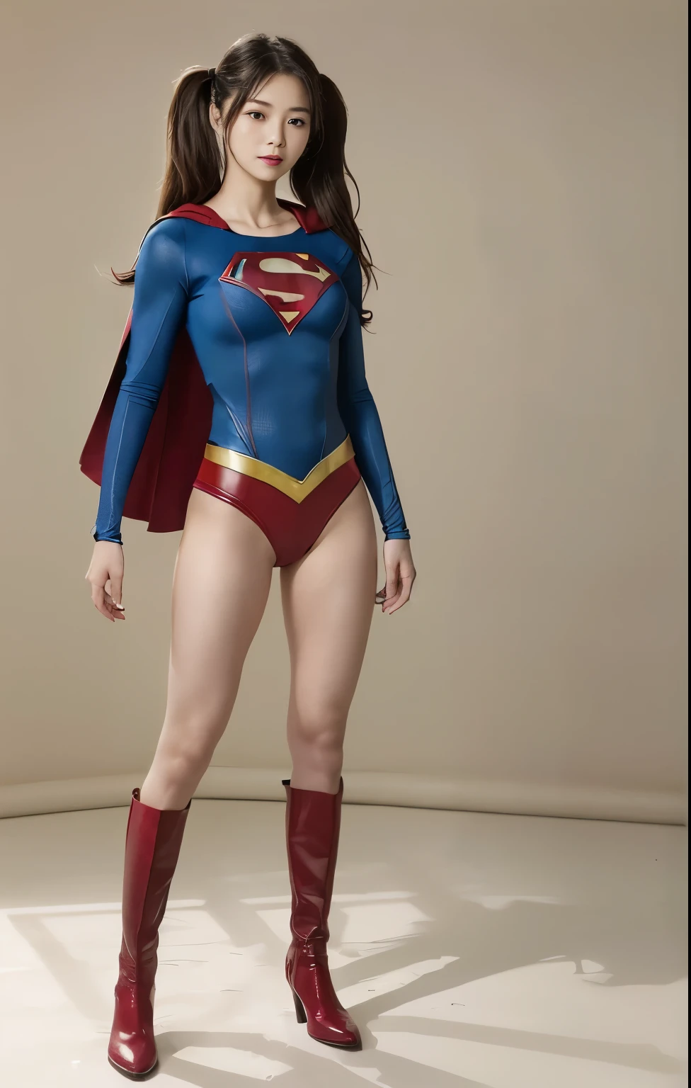 No background、(((Beautiful legs in black tights.)))、(((Legally express the beauty of your smile)))、((((Make the most of your original images)))、(((Body-hugging Supergirl costume)))、(((Supergirl Costume)))、(((Beautiful hair with twin tails)))、(((suffering)))、(((Please wear black tights....、Wear red boots)))、((Best image quality、8K))、((Highest quality、8K、masterpiece:1.3))、(((Preserve background )))、Sharp focus:1.2、Beautiful woman with perfect figure:1.4、Slim Abs:1.2、Wet body:1.5、Highly detailed face and skin texture、8K