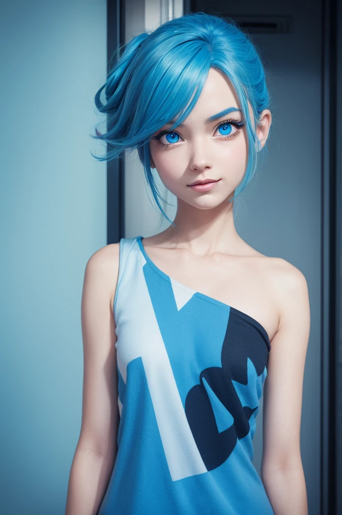 of amusingly, Disney style,pixar,3d, blue hair on the shoulder, blue eye.