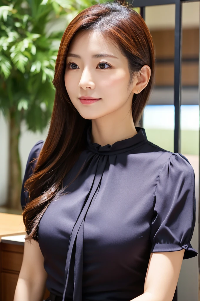 ((Highest quality)), ((masterpiece)), (detailed),Perfect Face,Japanese,Fair skin,Upper Body,Long Hair,Office Lady,Women's Ana Style,blouse,Mature Woman