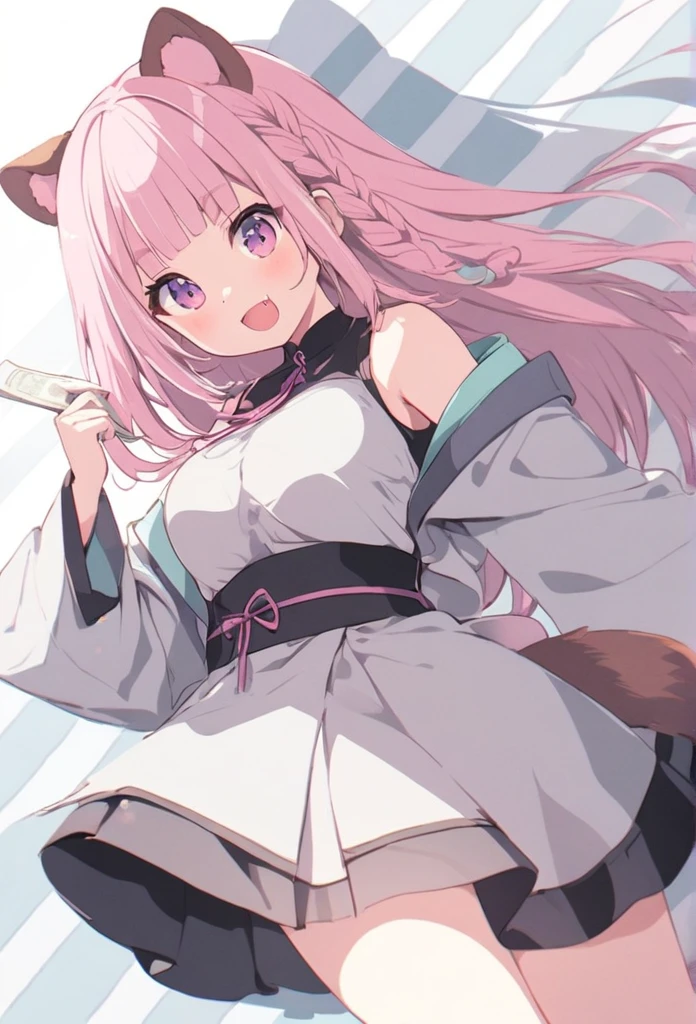 anime,(pale colors:1.8),long shot, 1girl, (on right:1.3), solo, cat mouth, dynamic angle, holding japanese bills, smile, fang,  pink hair, long hair, straight hair, racoon ears, racoon tail, (brown streaked hair:1.3), side braid, (blunt bangs) ,thick eyebrows, big breast, off shoulder clothes, cutout,  striped background, shadow, 
