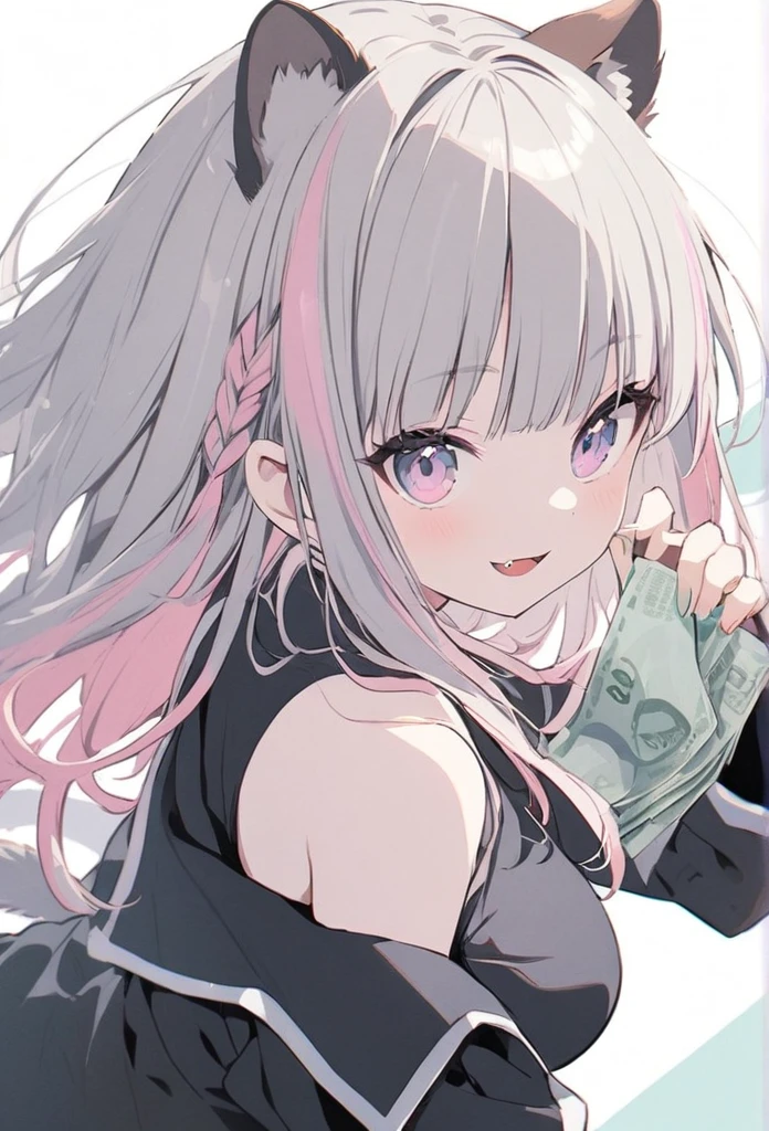 anime,(pale colors:1.8),long shot, 1girl, (on right:1.3), solo, cat mouth, dynamic angle, holding japanese bills, smile, fang, pink hair, long hair, straight hair, racoon ears, racoon tail, (brown streaked hair:1.3), side braid, (blunt bangs) ,thick eyebrows, big breast, off shoulder clothes, cutout, striped background, shadow,