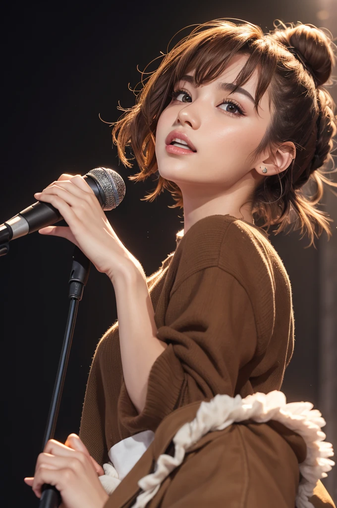 One ,singer with microphone in hand, Light brown bun hair,lightbrown eyes 