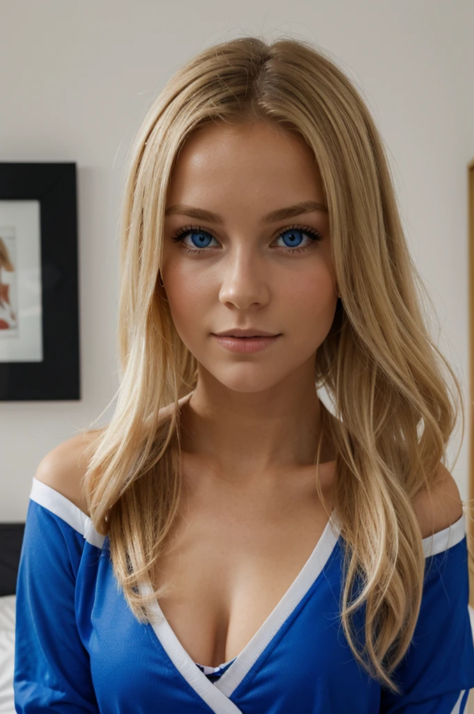 fille blonde habillée en tenue de sport rouge avec des yeux bleus dans une chambre blanche décorée