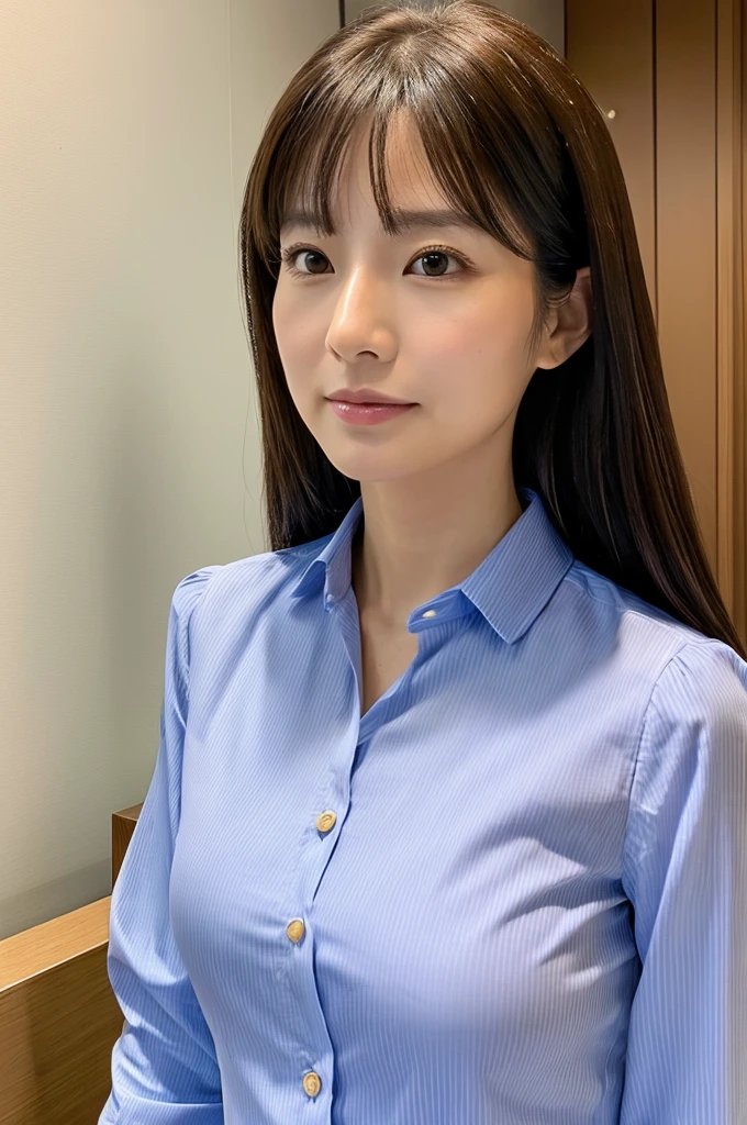 ((Highest quality)), ((masterpiece)), (detailed),Perfect Face,Japanese,Fair skin,Upper Body,Long Hair,Office Lady,Women's Ana Style,blouse,Mature Woman