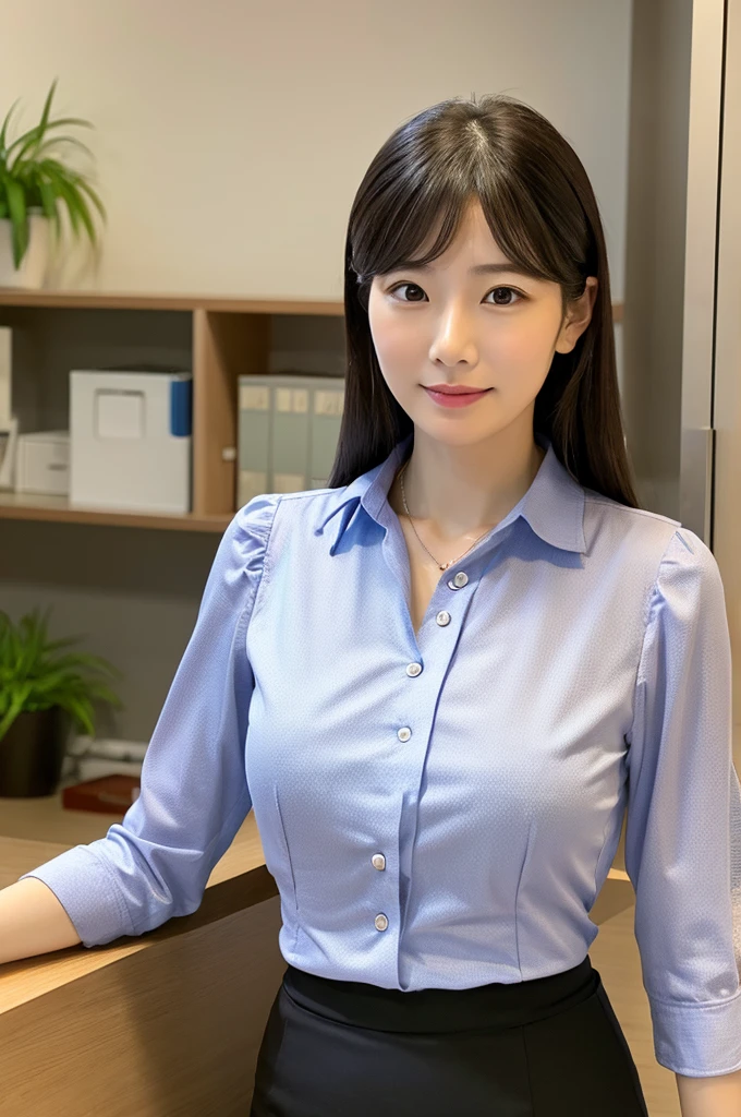 ((Highest quality)), ((masterpiece)), (detailed),Perfect Face,Japanese,Fair skin,Upper Body,Long Hair,Office Lady,Women's Ana Style,blouse,Mature Woman
