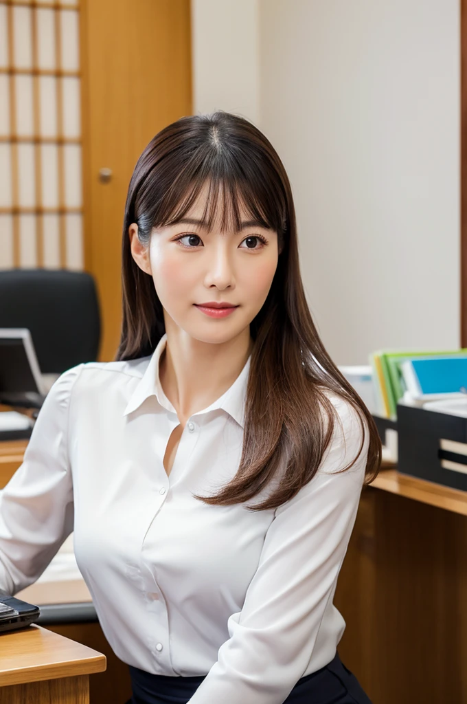 ((Highest quality)), ((masterpiece)), (detailed),Perfect Face,Japanese,Fair skin,Upper Body,Long Hair,Office Lady,Women's Ana Style,blouse,Mature Woman