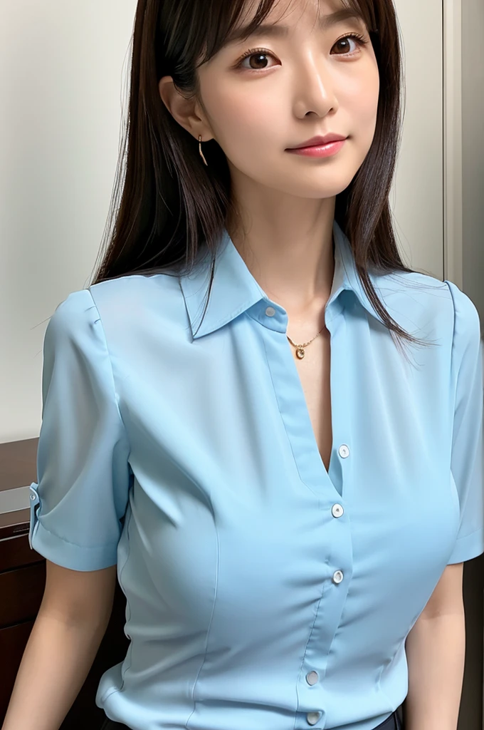 ((Highest quality)), ((masterpiece)), (detailed),Perfect Face,Japanese,Fair skin,Upper Body,Long Hair,Office Lady,Women's Ana Style,blouse,Mature Woman