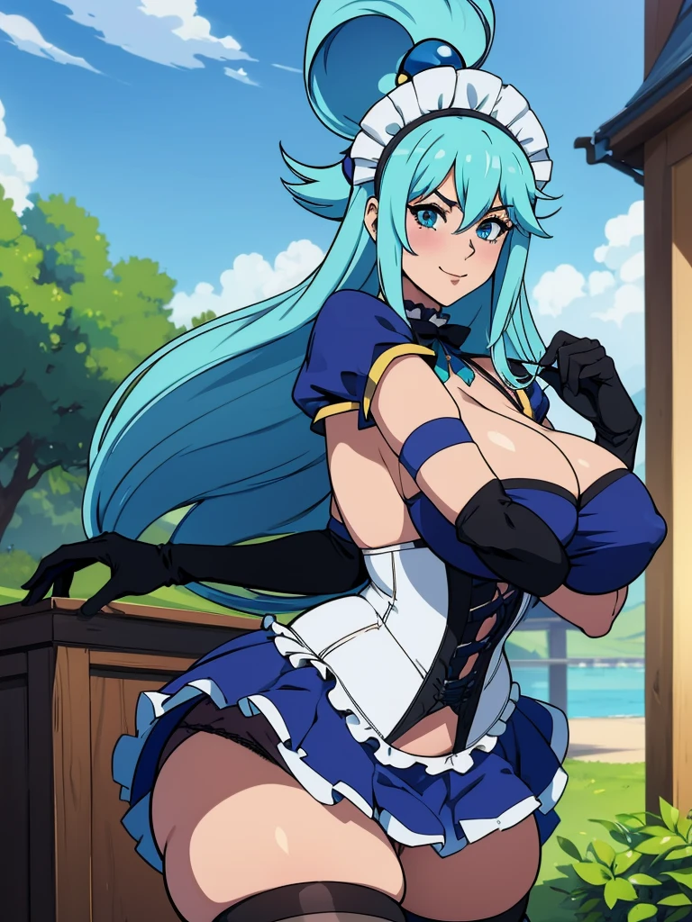 1 girl, Aqua Konosuba, looks at the viewer smiles, sexy pose, (maid costume, черные stockings, black gloves, Black corset, white panties, stockings) , (huge breasts:1.2), middle thighs