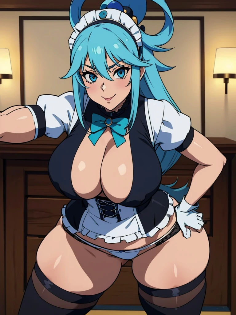 1 girl, Aqua Konosuba, looks at the viewer smiles, sexy pose, (maid costume, черные stockings, black gloves, Black corset, white panties, stockings) , (huge breasts:1.2), middle thighs