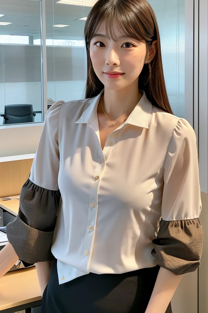 ((Highest quality)), ((masterpiece)), (detailed),Perfect Face,Japanese,Fair skin,Upper Body,Long Hair,Office Lady,Women's Ana Style,blouse,Mature Woman