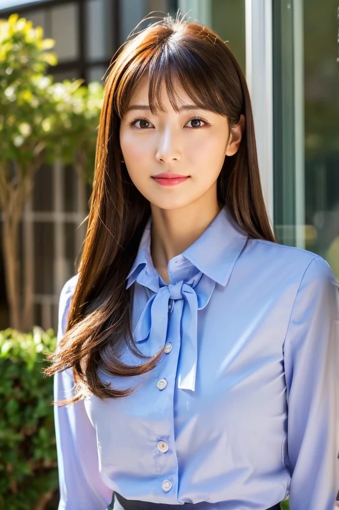 ((Highest quality)), ((masterpiece)), (detailed),Perfect Face,Japanese,Fair skin,Upper Body,Long Hair,Office Lady,Women's Ana Style,blouse,Mature Woman