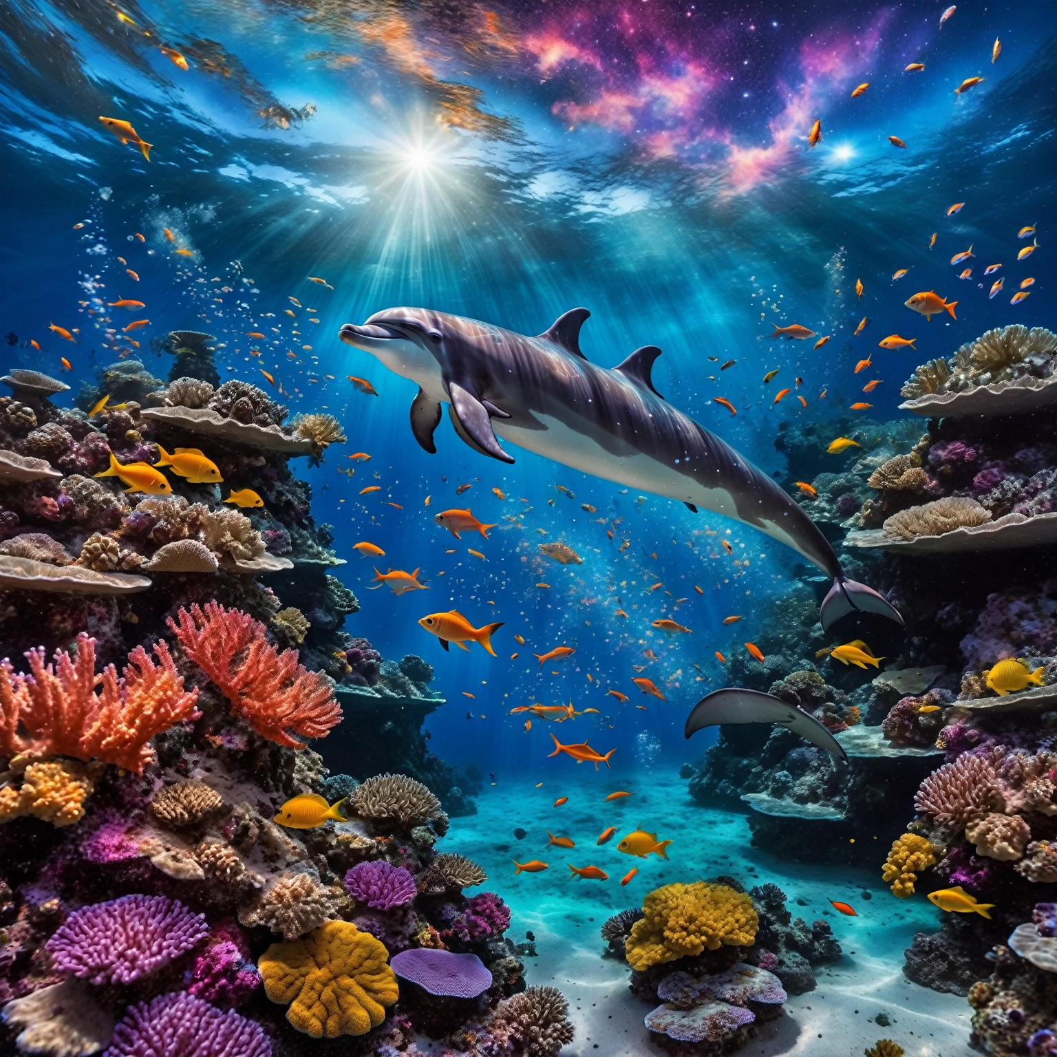 he image showcases a hyper-realistic and fantastical style, blending elements of underwater photography with digital art touches. A diver in full gear explores a vibrant coral reef, surrounded by multicolored fish that emit pulsating lights, creating a sense of life and movement underwater. Small bioluminescent creatures dance around the diver, leaving luminous trails behind them, adding a magical touch to the scene. A dolphin, gracefully leaping above the water toward the upper center of the image, leaves a trail of stardust in its wake, enhancing the dreamlike effect. Ethereal bubbles reflecting the cosmic sky gently float around the underwater scene, while bioluminescent orbs drift in the water, emitting a soft bluish light and creating mystical reflections. The dense and colorful coral reef occupies much of the center of the image, while the background shows a transition between the ocean and a spectacular starry sky, with luminous galaxies and nebulae. Silhouettes of mythical creatures, such as mermaids or aquatic dragons, can be seen in the background, enriching the fantastical aspect. The depth of field is vast, allowing for clear sharpness of both near and distant elements, giving a sense of immensity and depth to the image. Dominant colors include deep blues of the ocean, vibrant oranges and yellows of the fish, and purples and pinks of the galaxies and corals. These contrasting colors enhance the fantastical and dreamlike quality of the image. The composition follows a diagonal from the bottom left to the top right, guiding the viewer's eye from the diver and corals to the dolphin and the cosmic sky. This diagonal reinforces the dynamism of the scene. Finally, a shimmering mist envelops the scene, giving it an ethereal quality, almost like a dream.