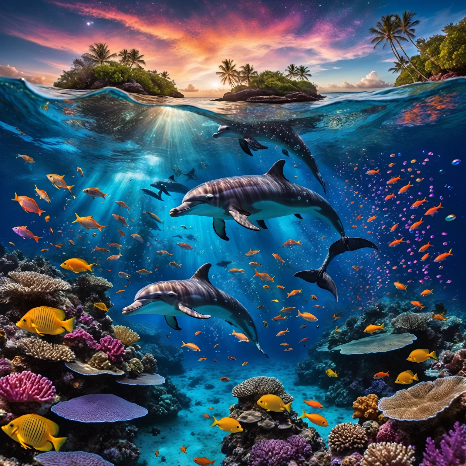 he image showcases a hyper-realistic and fantastical style, blending elements of underwater photography with digital art touches. A diver in full gear explores a vibrant coral reef, surrounded by multicolored fish that emit pulsating lights, creating a sense of life and movement underwater. Small bioluminescent creatures dance around the diver, leaving luminous trails behind them, adding a magical touch to the scene. A dolphin, gracefully leaping above the water toward the upper center of the image, leaves a trail of stardust in its wake, enhancing the dreamlike effect. Ethereal bubbles reflecting the cosmic sky gently float around the underwater scene, while bioluminescent orbs drift in the water, emitting a soft bluish light and creating mystical reflections. The dense and colorful coral reef occupies much of the center of the image, while the background shows a transition between the ocean and a spectacular starry sky, with luminous galaxies and nebulae. Silhouettes of mythical creatures, such as mermaids or aquatic dragons, can be seen in the background, enriching the fantastical aspect. The depth of field is vast, allowing for clear sharpness of both near and distant elements, giving a sense of immensity and depth to the image. Dominant colors include deep blues of the ocean, vibrant oranges and yellows of the fish, and purples and pinks of the galaxies and corals. These contrasting colors enhance the fantastical and dreamlike quality of the image. The composition follows a diagonal from the bottom left to the top right, guiding the viewer's eye from the diver and corals to the dolphin and the cosmic sky. This diagonal reinforces the dynamism of the scene. Finally, a shimmering mist envelops the scene, giving it an ethereal quality, almost like a dream.