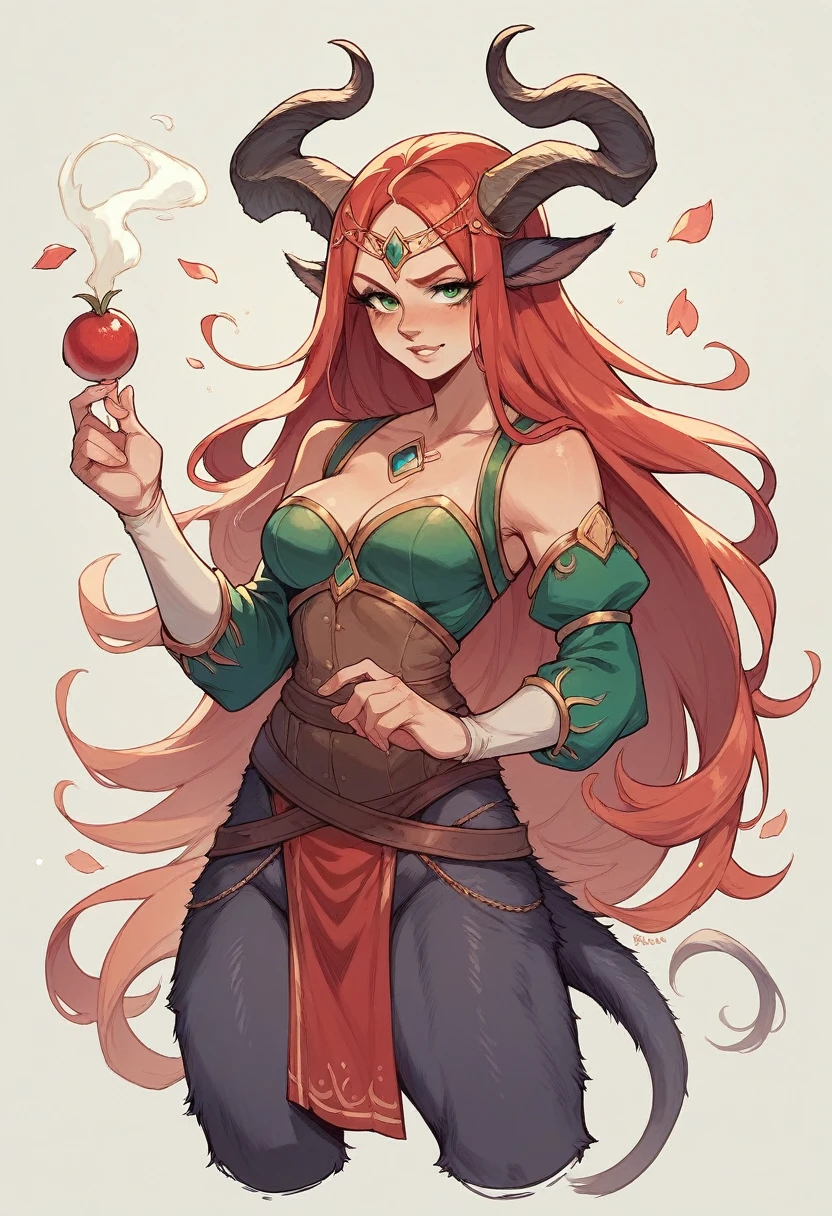 Satyr woman with horns sorceress Amazon red unkempt hair in traveler's clothing blue eyes slender legs with hooves similar to the legs of a demon