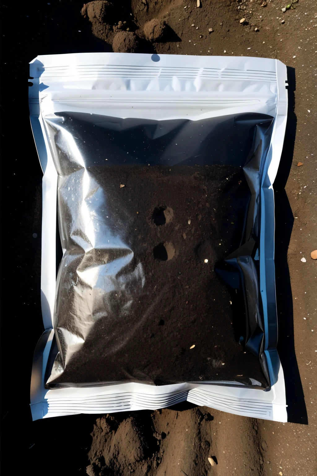images of large transparent plastic bag with black soil in its contents (closed bag)