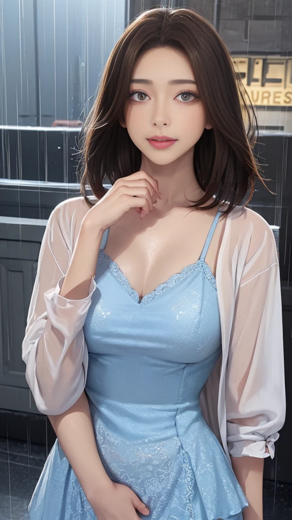 ((highest quality, 8k, masterpiece:1.3)), concentrated: 1.2, Perfect body beauty: 1.4, Hips: 1.2, ((Short layered haircuts, chest: 1.2)), (Wet clothes: 1.1), (rain, street:1.3), long cardigan、Silk bandeau dress: 1.1, Highly detailed face and skin texture, Beautiful Eyes, double eyelid, Whitening skin, Long Hair, (shut up: 1.3), smile