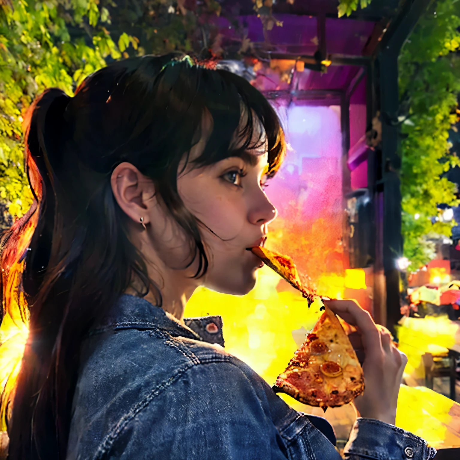 Create an image of a silhouette of a person eating pizza. The person should be in a side profile, with their head tilted slightly back and a slice of pizza held near their mouth. The background should feature a gradient sunset with soft, warm colors, creating a backlight effect that highlights the silhouette of the person. The image should have a peaceful and serene atmosphere.