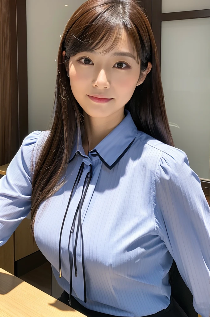 ((Highest quality)), ((masterpiece)), (detailed),Perfect Face,Japanese,Fair skin,Upper Body,Long Hair,Office Lady,Women's Ana Style,blouse,Mature Woman