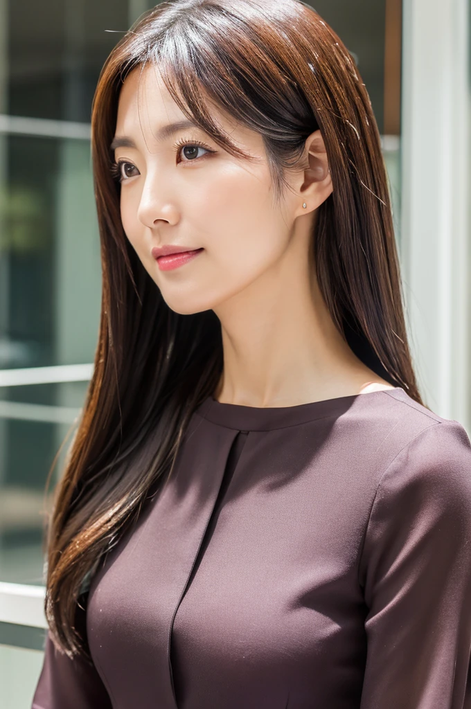 ((Highest quality)), ((masterpiece)), (detailed),Perfect Face,Japanese,Fair skin,Upper Body,Long Hair,Office Lady,Women's Ana Style,blouse,Mature Woman