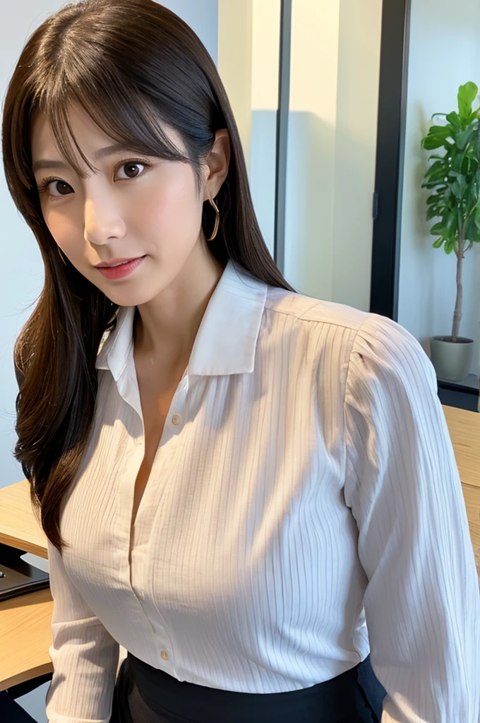 ((Highest quality)), ((masterpiece)), (detailed),Perfect Face,Japanese,Fair skin,Upper Body,Long Hair,Office Lady,Women's Ana Style,blouse,Mature Woman