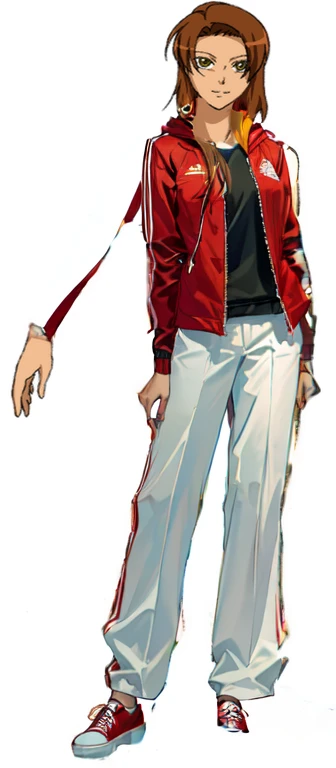 Red jaket,  longe slevesse, White pants, red shoes, 