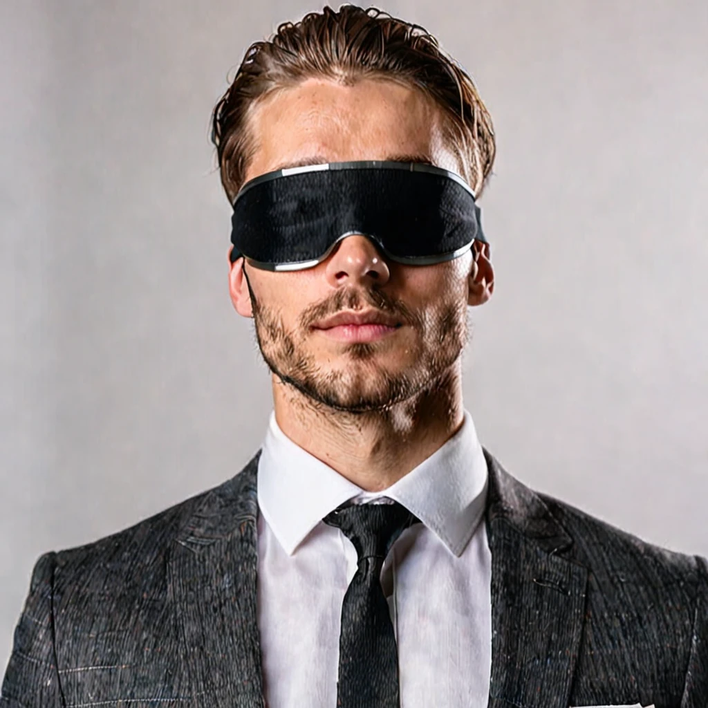 young handsome man with blindfold in a suit, light stubble, face centered in the lens, square jaw
