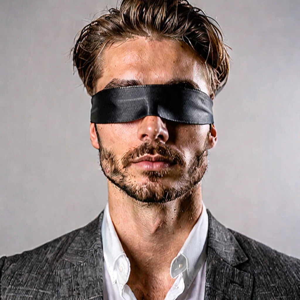 young handsome man with blindfold in a suit, light stubble, face centered in the lens, square jaw