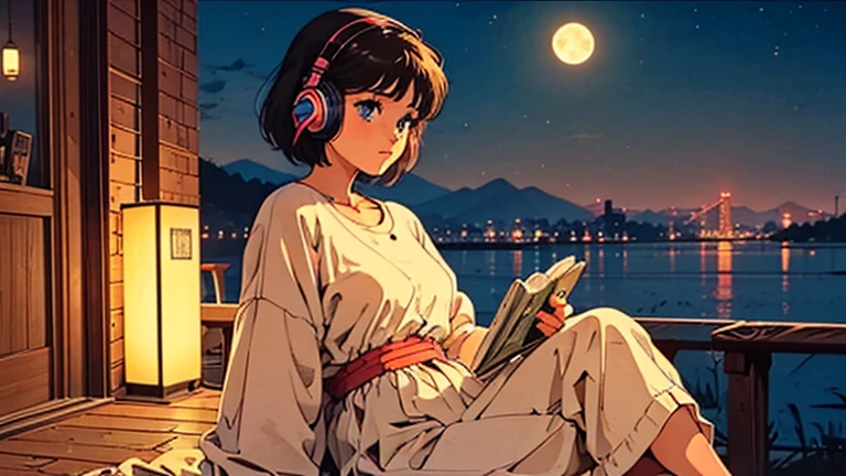 1 girl with short hair, A girl with blue eyes, An 80s anime style girl, Wearing Headphones, retro, lo-fi, with a cassette tape, out, out, at natta, natta, natta view, natta景, moonligh, moonligh, A nattascape with a visible moonligh, where the city lights blend harmoniously with the serene glow of the moonlighlight, creating a peaceful and charming atmosphere