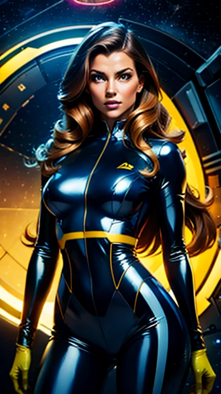 Best quality,illustration made with nankin pen, engraved style, space beautiful vintage woman, LONG hair, looking to observer, tight latex suit BLUE, RED AND YELLOW under hi-tech armor, hi-tech gloves, spaceship scenario,difuse lights
