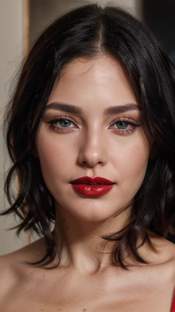 8k, close up photo-realistic portrait of beautiful 29 year old woman, ((black hair, , heterochromia red lipstick))