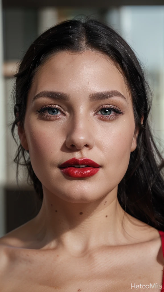8k, close up photo-realistic portrait of beautiful 29 year old woman, ((black hair, , heterochromia red lipstick))
