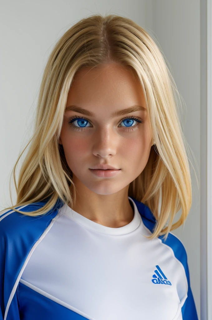 blonde girl dressed in sportswear with blue eyes in a white room