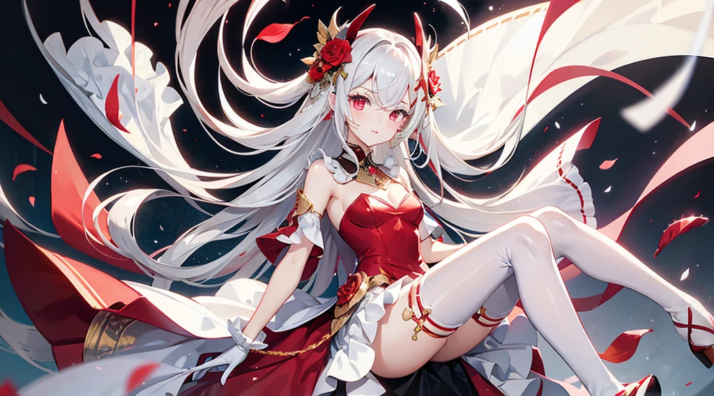 a girl, with a long and silver hair with small red streaks in her hair with the straight bangs and straigt  side bangs, pretty red eyes with long lashes, wearing a flowy mostly white thigh length dress that shows her shoulders with red flowers, small tiny gold jewels on her dress, with as flowy white cape on the side of her dress, with a small fascinator with a gold and red flower, wearing cone heel shoes that are with with a red flower on the left heel, wearing a white see through thigh high on the right leg, blood red thigh belt with red jewels, see through white gloves, has a tattoo of a small star on her right shoulder.
Heterochromia, different coloured right and left eyes, right eye is red, left eye is purple