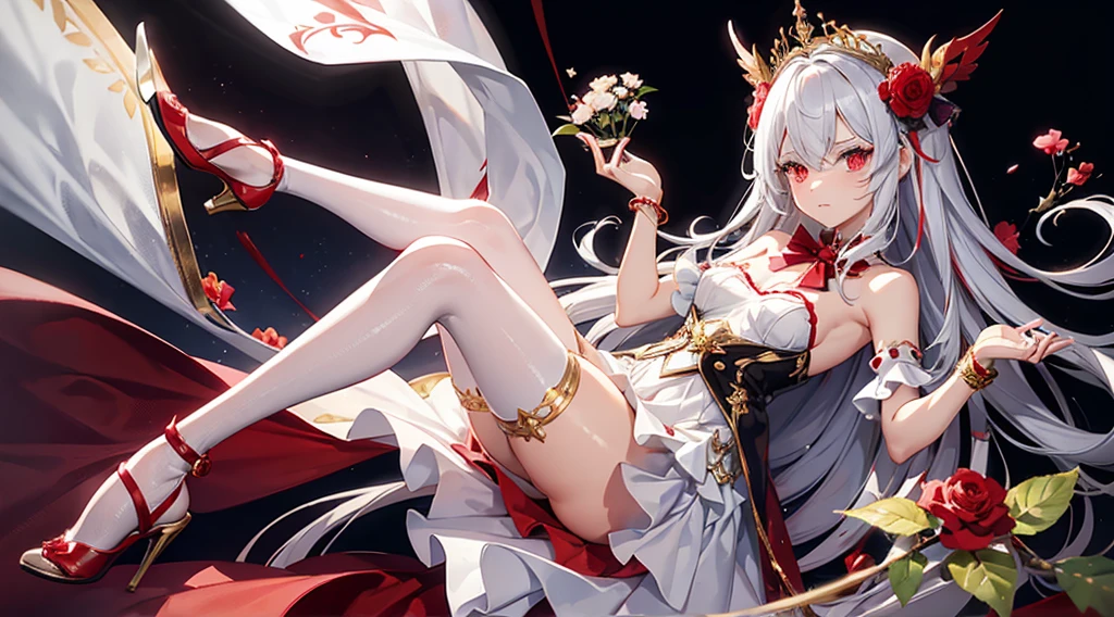a girl, with a long and silver hair with small red streaks in her hair with the straight bangs and straigt side bangs, pretty red eyes with long lashes, wearing a flowy mostly white thigh length dress that shows her shoulders with red flowers, small tiny gold jewels on her dress, with as flowy white cape on the side of her dress, with a small fascinator with a gold and red flower, wearing cone heel shoes that are with with a red flower on the left heel, wearing a white see through thigh high on the right leg, blood red thigh belt with red jewels, see through white gloves, has a tattoo of a small star on her right shoulder.
Heterochromia, different coloured right and left eyes, right eye is red, left eye is purple