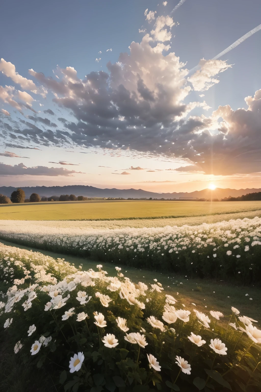 REALISTIC IMAGE WHITE FLOWERS IN THE FIELD WITH THE SUNRISE IN SIZE 2:3 OU 1000 X 1500