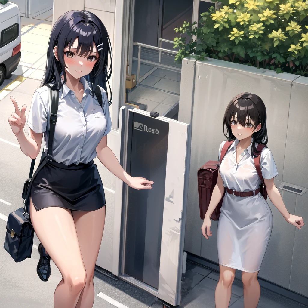 ((best quality)), ((masterpiece)), (details), one girl, sexy ((best quality)), ((masterpiece)), (details), one girl, sexy ((best quality)), ((masterpiece)), (details), one girl, full body, sexy expensive body, expensive, long legs, mature woman,Taller than any building, 100 meters tall mature, Grab the midget, grab the midget,adult, it_nagatoro_main, Nagatoro Hayase, one girl, blushing, alone, uniform polo shirt, black hair, bag, brown eyes, hair accessory, looking at viewer, hair clip, outdoors, backpack, smiling, long hair, dark skinned woman, dark skin, , bangs, daytime, skirt, collared shirt, collarbone, ear clip, mouth closed, tree, asymmetrical bangs, upper body
