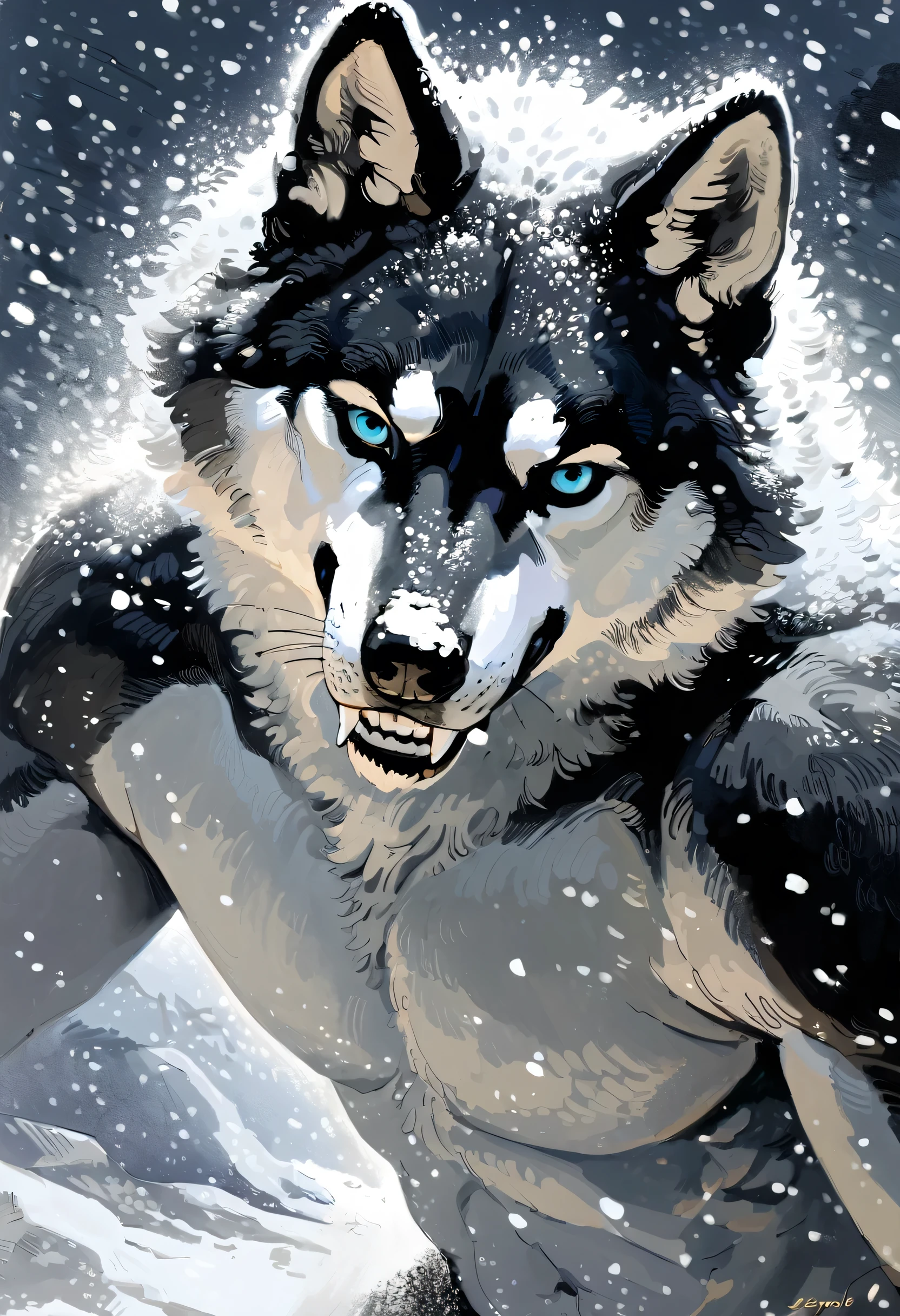 solo, male, anthro, (Husky), by seyorrol, digital artwork, ((detailed background)), intricate detailed blizzard background, heavy blizzard, mysterious shadows, realistic shading, (epic, masterpiece, high quality, 8k, ultra HD, absurd res, top quality, best quality, max quality, masterpiece), ((sexy, feminine body)), cloudy sky, (realistic fur), looking away, ((perfect hands)), struggling to walk through blizzard, close to camera, ((serious expression, baring teeth, realistic teeth, perfect teeth)), snowing very heavily, nighttime, (((half body))),