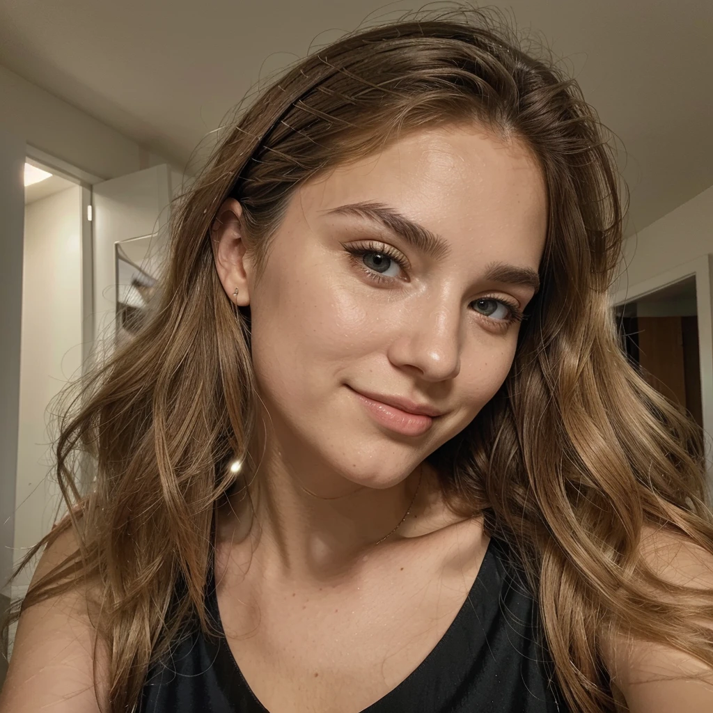 (best qualityer,realisitic),girly face,20 year, grey-eyed, long wavy golden blonde hair, moderately thick eyebrows, Sharp chin, tiny nose, heart shaped face silky smooth skin, fast luminosa, vibrant bright eyes, golden highlights in hair, captivating smile, natural beautiful, funny posture, from front view, Selfie, Photo taken with iPhone, elegant black shirt with neckline, low cut, Selfie sentado perto de um lago alpino, high qualiy, Selfie iPhone, neckleace
