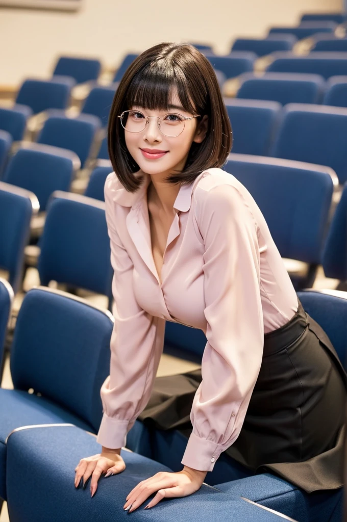 University lecture hall, university psychology associate professor, ((full body)), ((photo)), ((best qualtiy, 8K, tmasterpiece:1.3)), Focus:1.2, perfect figure beautiful woman:1.4, 1woman, cowboy shot, look at viewer, eyes facing the camera, incredibly absurd, beautiful and cute woman with a photorealistic face, showcasing top-quality craftsmanship, A Japanese woman giving a lecture at a university lecture hall, 27 years old, with a bob cut and flipped hair, short bangs swept at an angle, smooth and shiny hair, natural hairline, fair and smooth skin, plump and healthy cheeks, large, jet black eyes, round eyes, long and upward-facing eyelashes, double eyelids, thin and straight eyebrows, small and round nose, plump lips, upturned corners of the mouth, charming smile, cute face, glamorous, well-balanced proportions, tall, beautiful D-cup breasts, silver-rimmed glasses, pink blouse, black tight skirt, fashion with a waist-marked silhouette, scarf, heeled shoes, vanilla perfume, beautiful, pretty older woman, glasses suit her, knowledgeable, playful, curious, intelligent, elegant, November