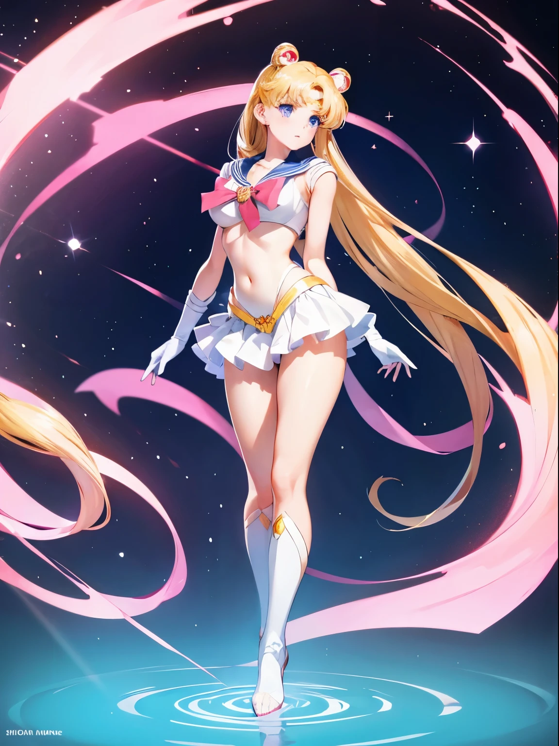Sailor Moon, 1 girl, blonde hair, long hair, blue eyes, detailed eyes, simple background, female focus, alone, standing, Usagi Tsukino, portrait, full body, (Masterpiece:1.0), (best quality:1.0), (wallpaper 8k:1.0), (beautiful face detailed:1.0), (deep detailed eyes), deep eyes, looking at viewer, red bow on chest, pink bra, white gloves, big breasts, bare abdomen, pink panties ,
