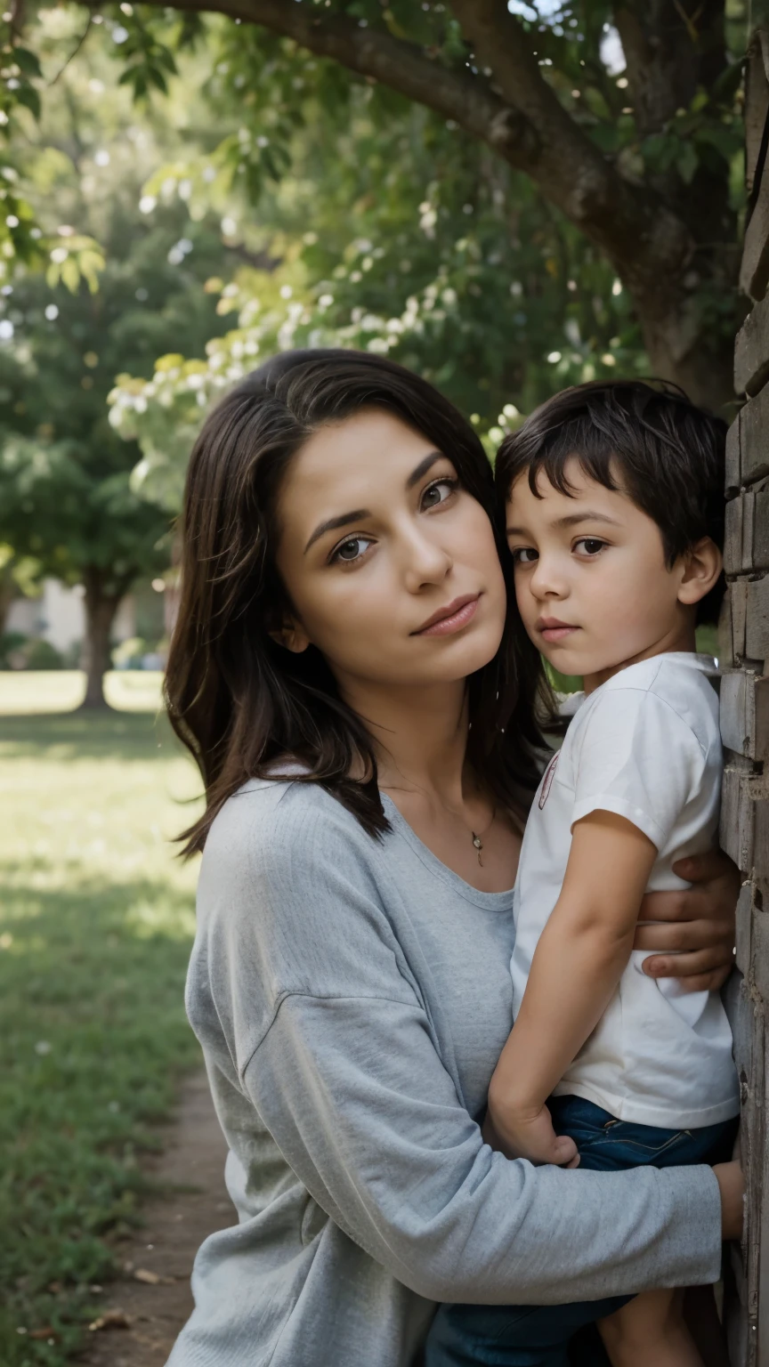 Image of a mother hugging and staring at her son under a tree. PSDT: have the mother and be on the left of the image